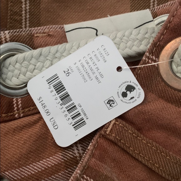 FREE PEOPLE Moxie Barrel Denim Shorts Rust Plaid NWT We The Free - Picture 8 of 13